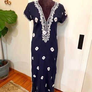 Sulu Navy Beach Caftan/Coverup with White Silk Embroidery and Silver Sequins